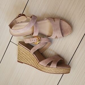 Stuart Weitzman Zuzu Suede Leather Platform Espadrille Wedge Heel Sandals Blush